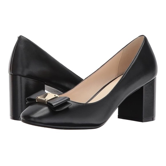 Cole Haan Tali Bow Black Leather Block Heel Pumps - Picture 1 of 16